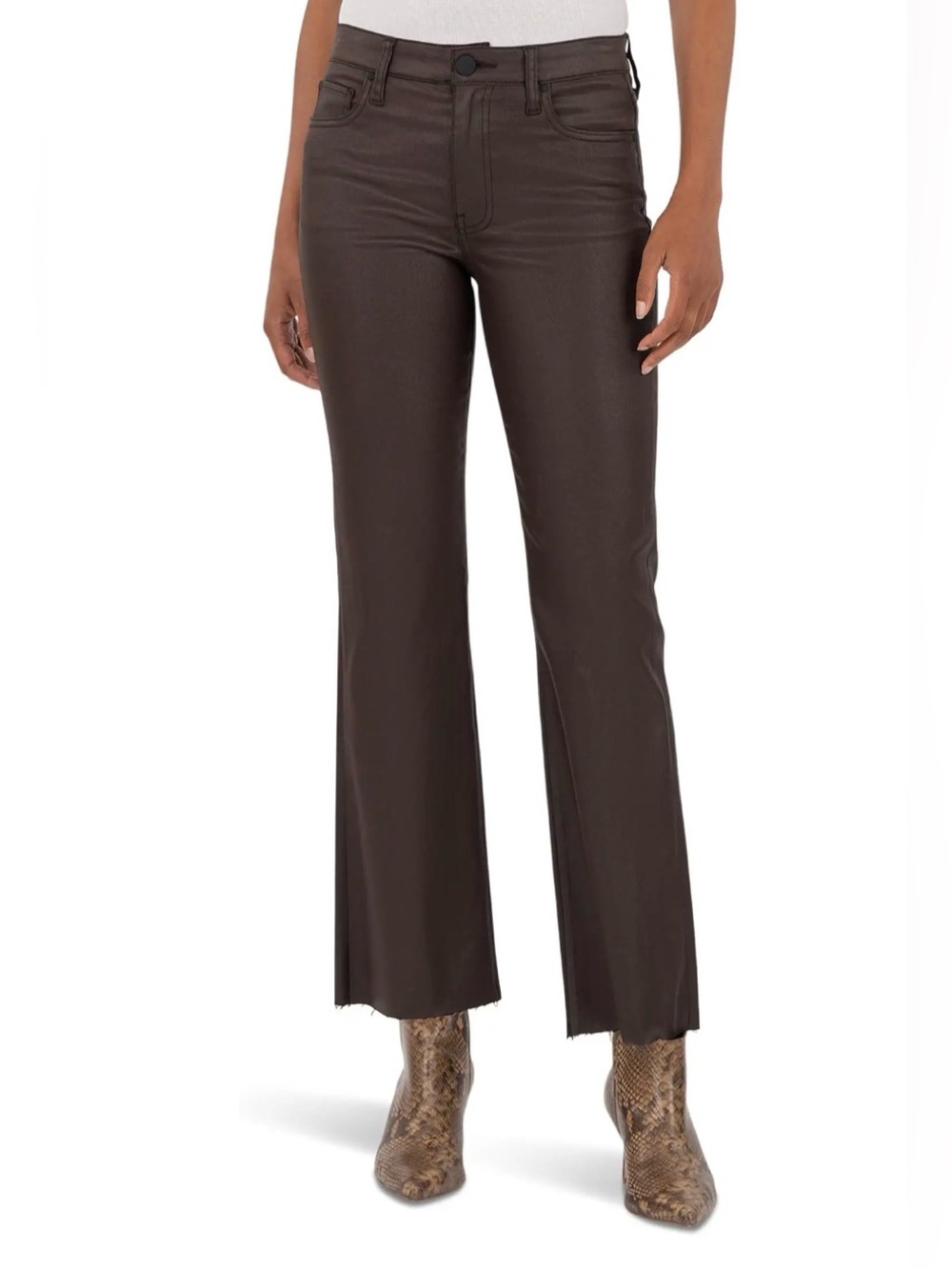 High-Rise Brown Coated Flare Jeans - Women's